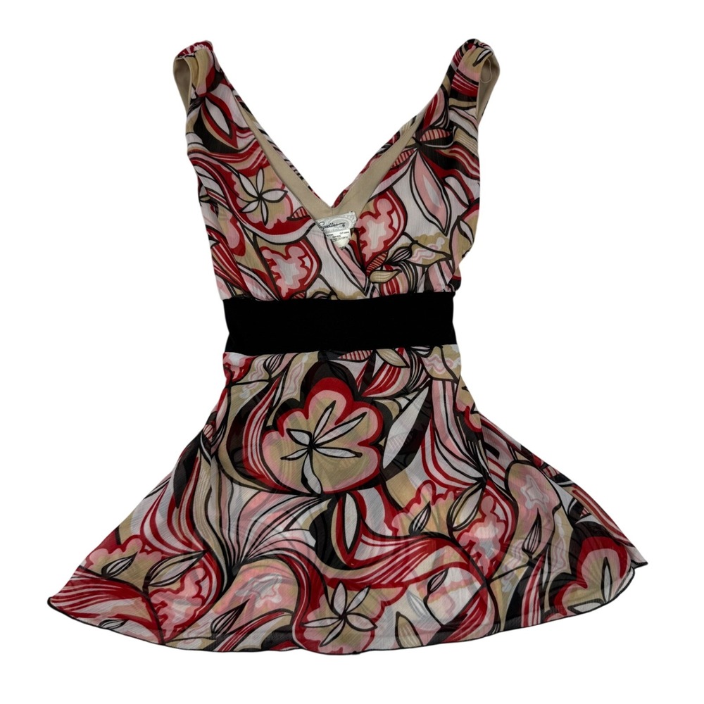 Speechless Red Floral Abstract V-Neck Babydoll Tunic Top Sleeveless Large Y2K